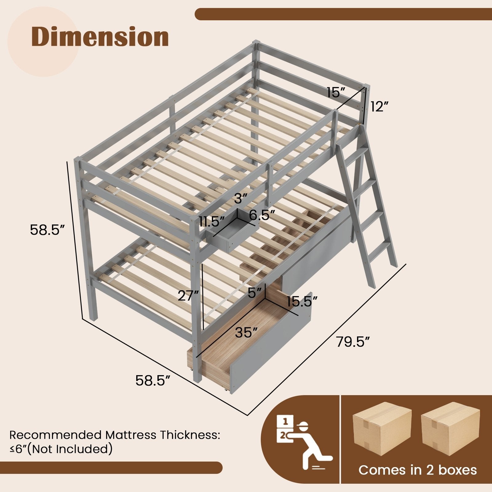 Twin Over Twin Bunk Bed Wood Bed Frame with 2 Storage Drawers and Ladder, Gray Bunk Bed Frame   at Gallery Canada