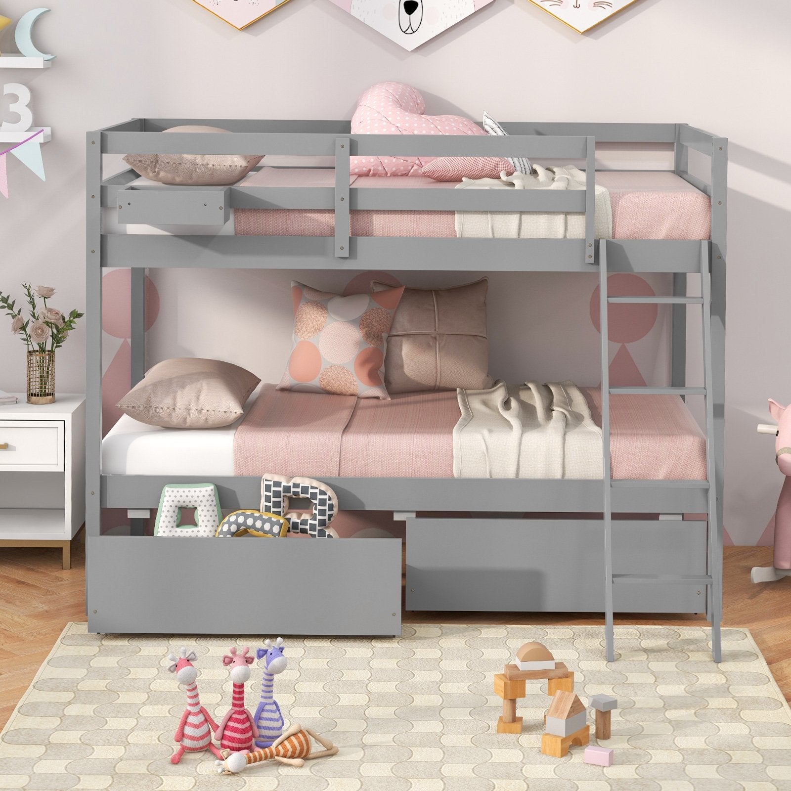 Twin Over Twin Bunk Bed Wood Bed Frame with 2 Storage Drawers and Ladder, Gray Bunk Bed Frame   at Gallery Canada