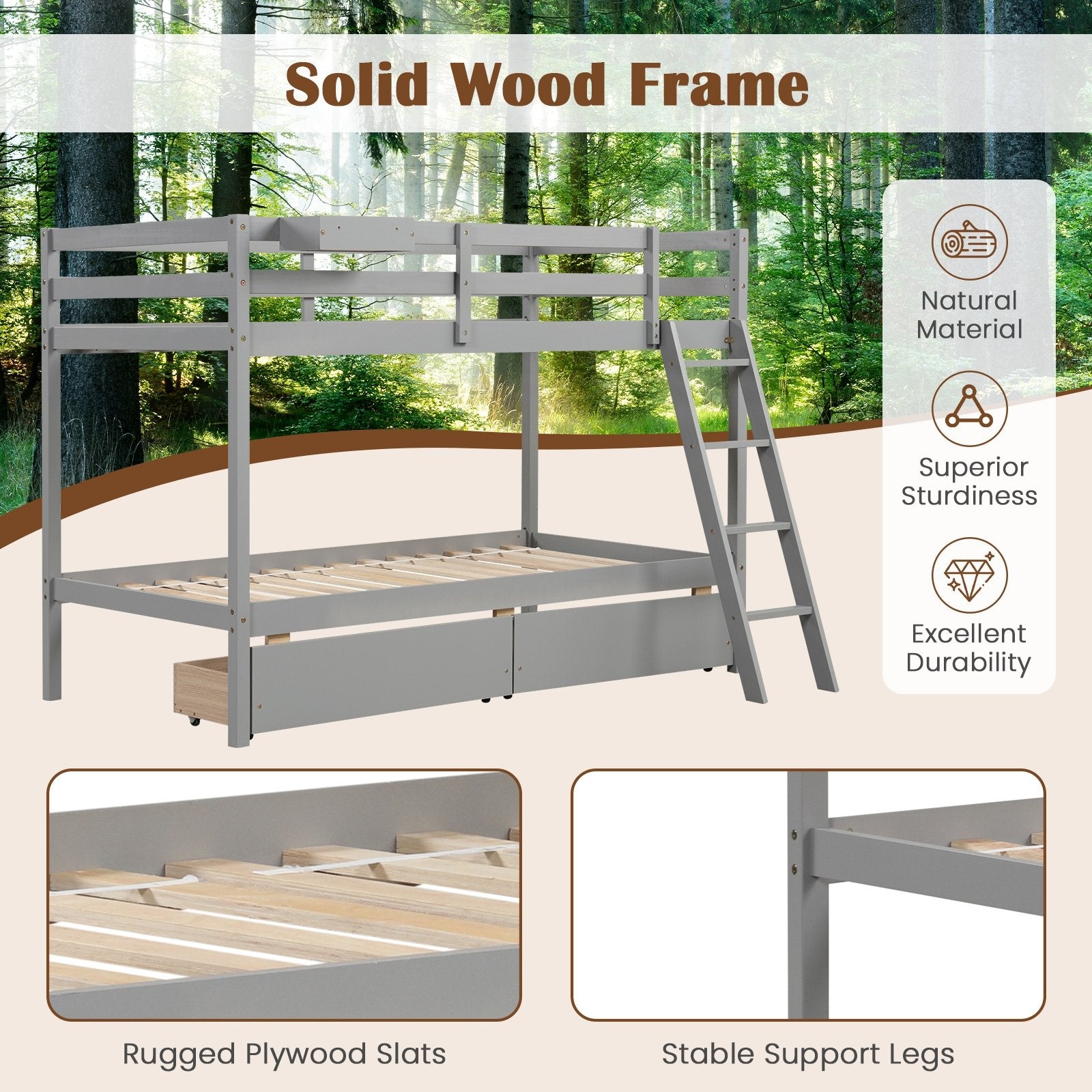 Twin Over Twin Bunk Bed Wood Bed Frame with 2 Storage Drawers and Ladder, Gray Bunk Bed Frame   at Gallery Canada