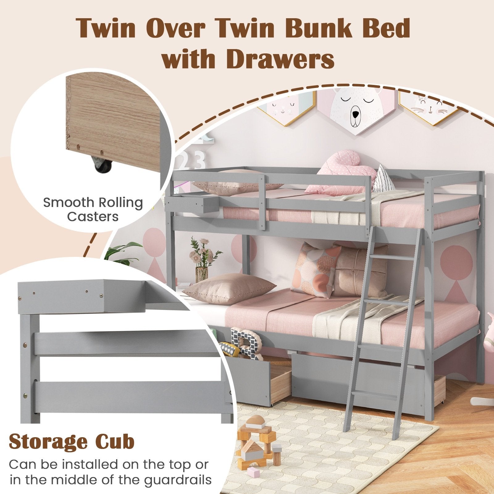 Twin Over Twin Bunk Bed Wood Bed Frame with 2 Storage Drawers and Ladder, Gray Bunk Bed Frame   at Gallery Canada