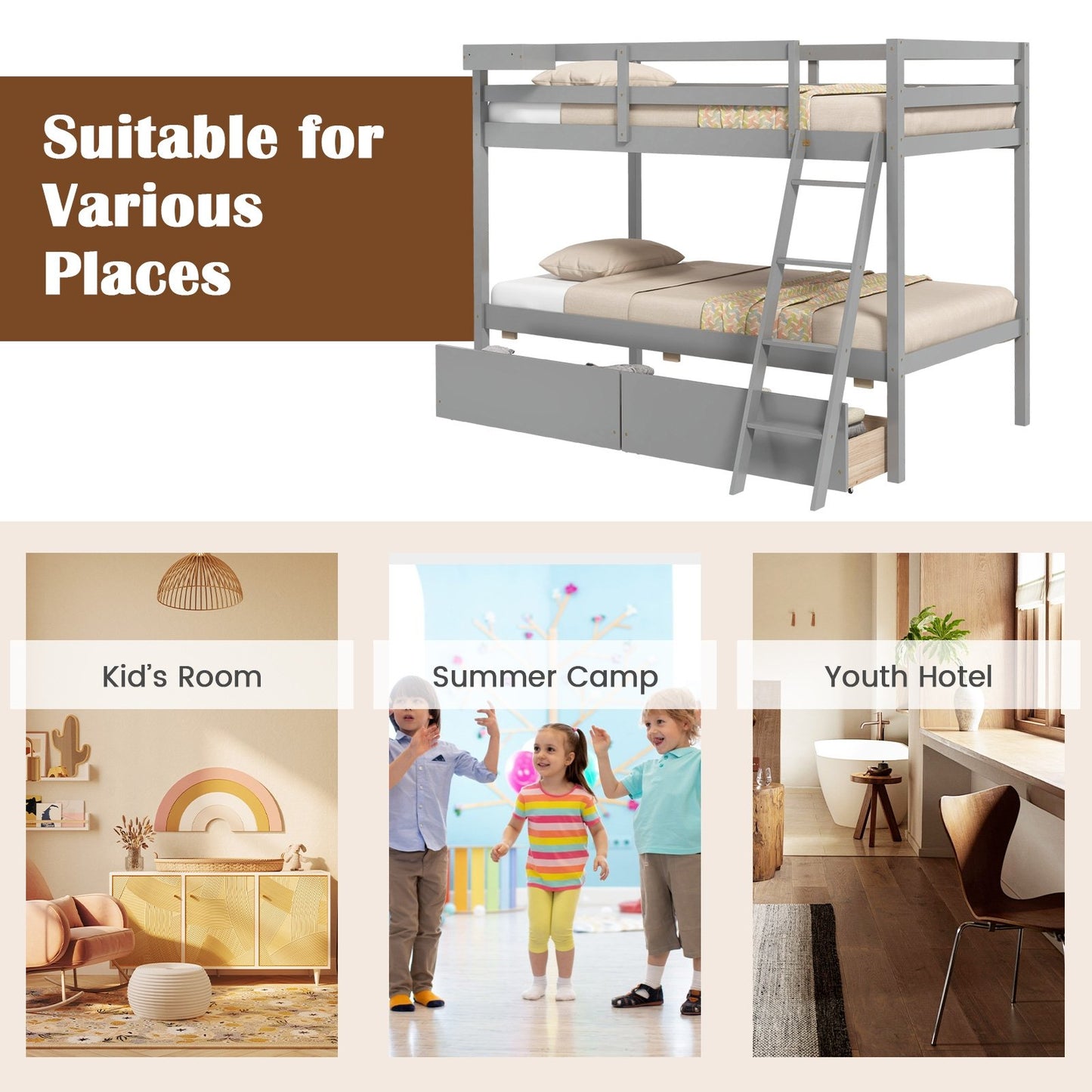 Twin Over Twin Bunk Bed Wood Bed Frame with 2 Storage Drawers and Ladder, Gray Bunk Bed Frame   at Gallery Canada