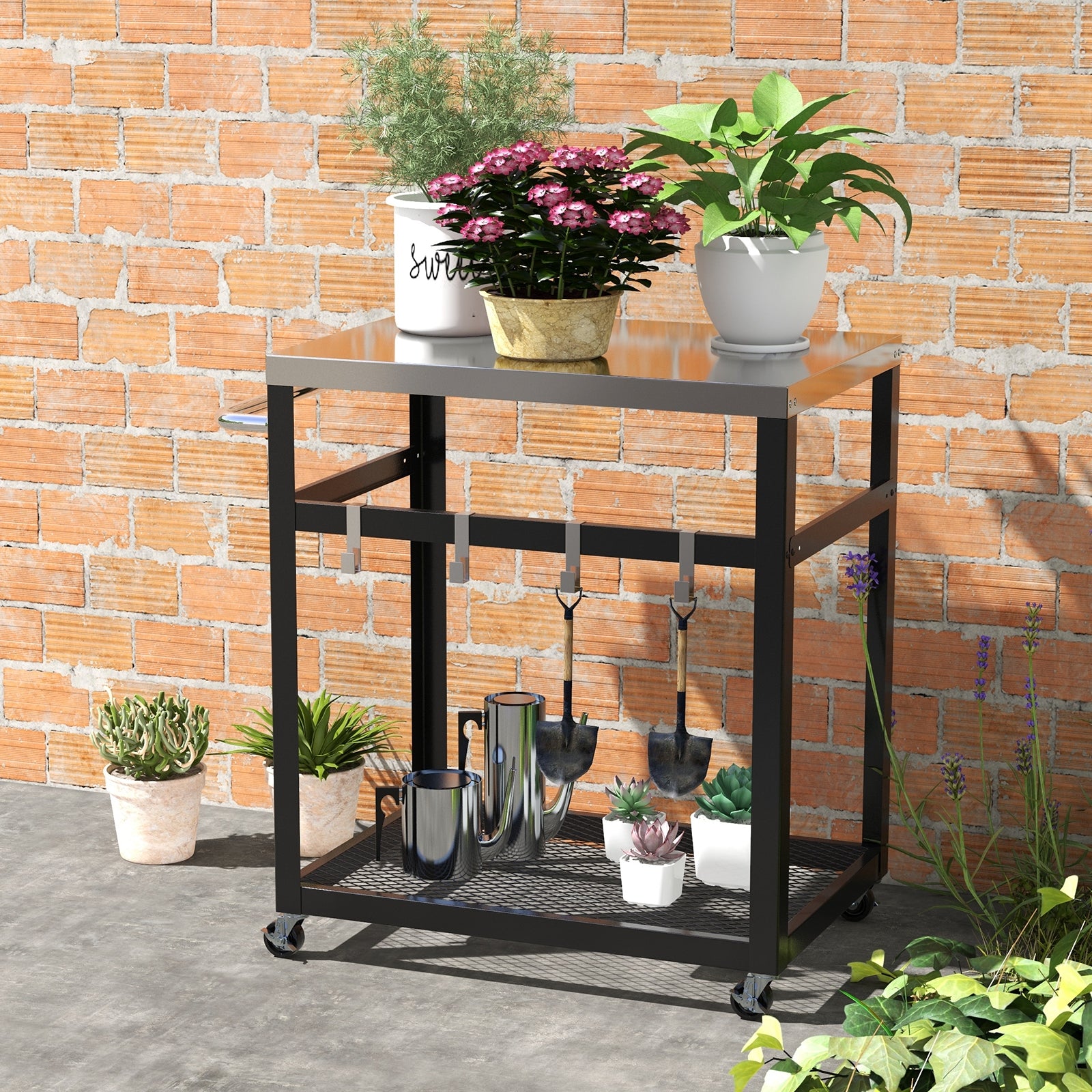 2-Tier Stainless Steel Grill Cart with 4 Hooks and Wheels BBQ Table, Black Outdoor Grills at Gallery Canada