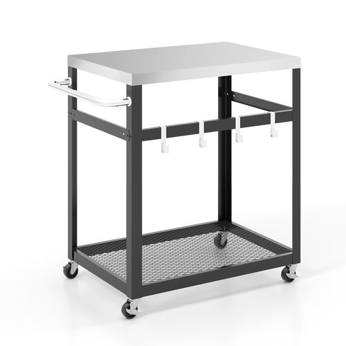 2-Tier Stainless Steel Grill Cart with 4 Hooks and Wheels BBQ Table, Black