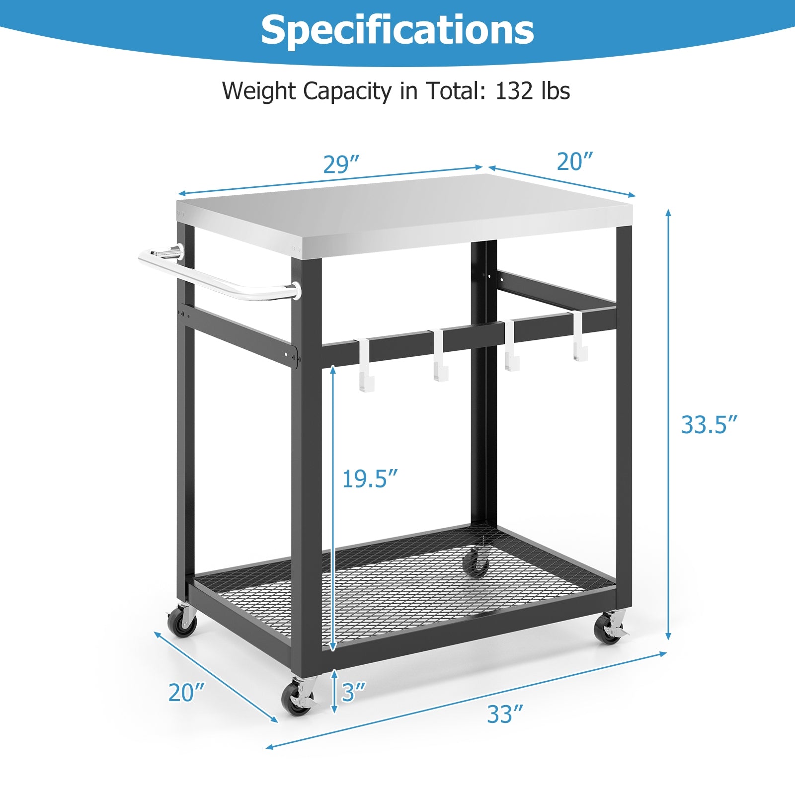 2-Tier Stainless Steel Grill Cart with 4 Hooks and Wheels BBQ Table, Black Outdoor Grills at Gallery Canada