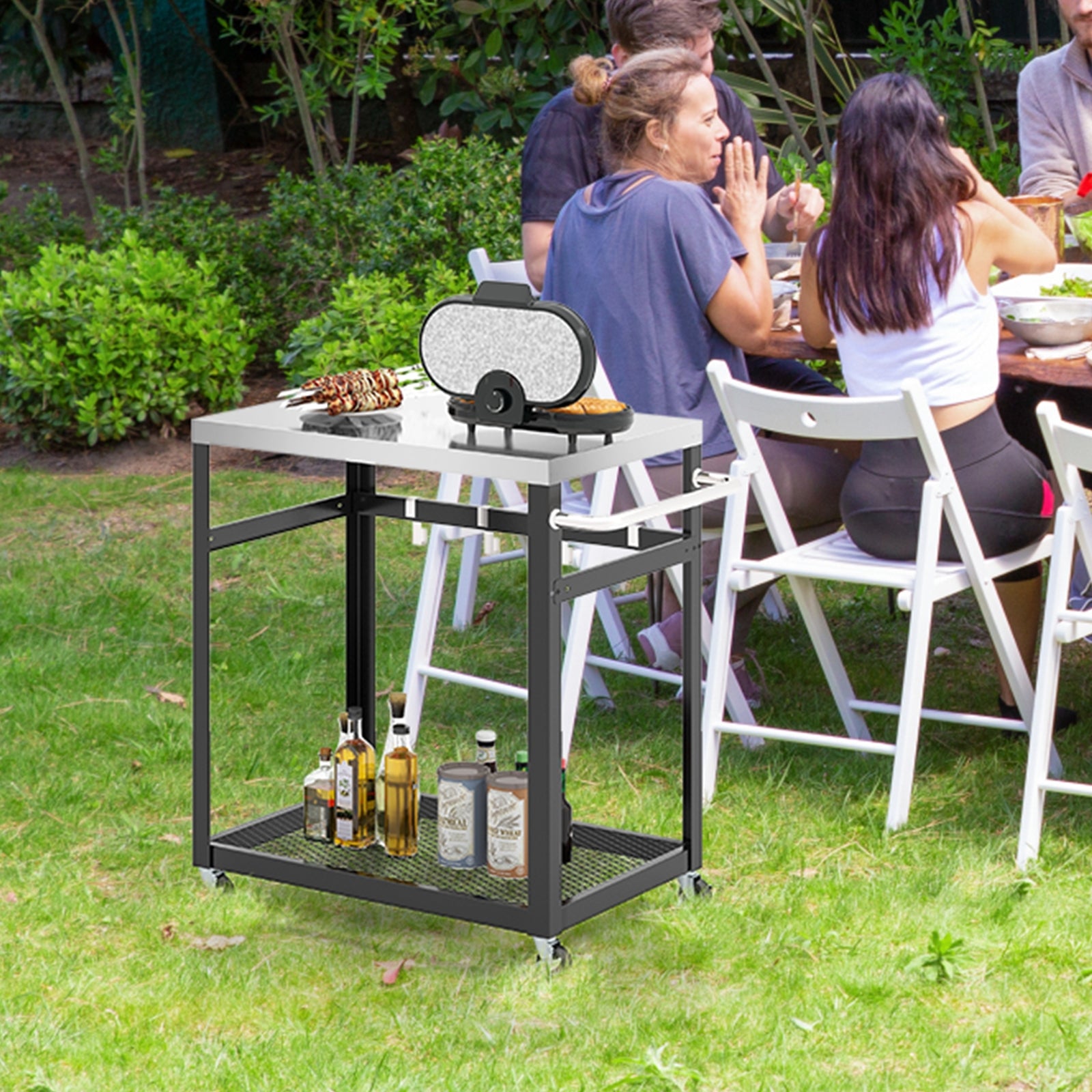 2-Tier Stainless Steel Grill Cart with 4 Hooks and Wheels BBQ Table, Black Outdoor Grills at Gallery Canada