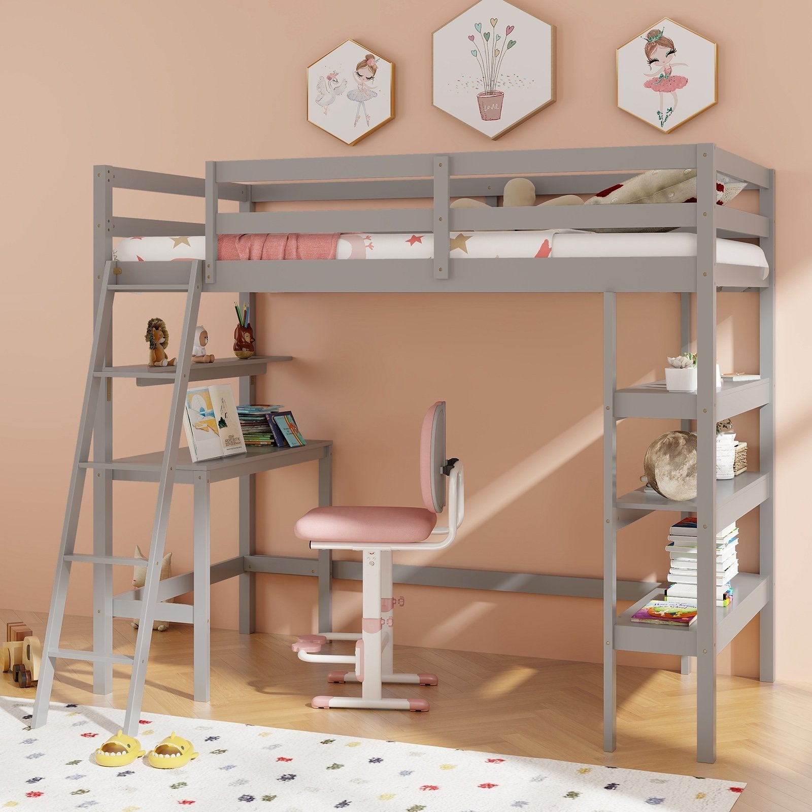 Twin Size Loft Bed with Desk and Bookshelves for Kids and Teens, Gray Bunk Bed Frame   at Gallery Canada