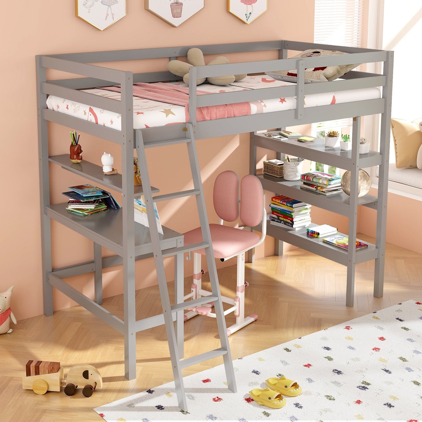 Twin Size Loft Bed with Desk and Bookshelves for Kids and Teens, Gray Bunk Bed Frame   at Gallery Canada