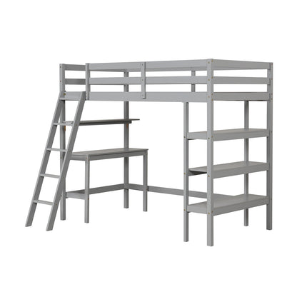 Twin Size Loft Bed with Desk and Bookshelves for Kids and Teens, Gray Bunk Bed Frame   at Gallery Canada