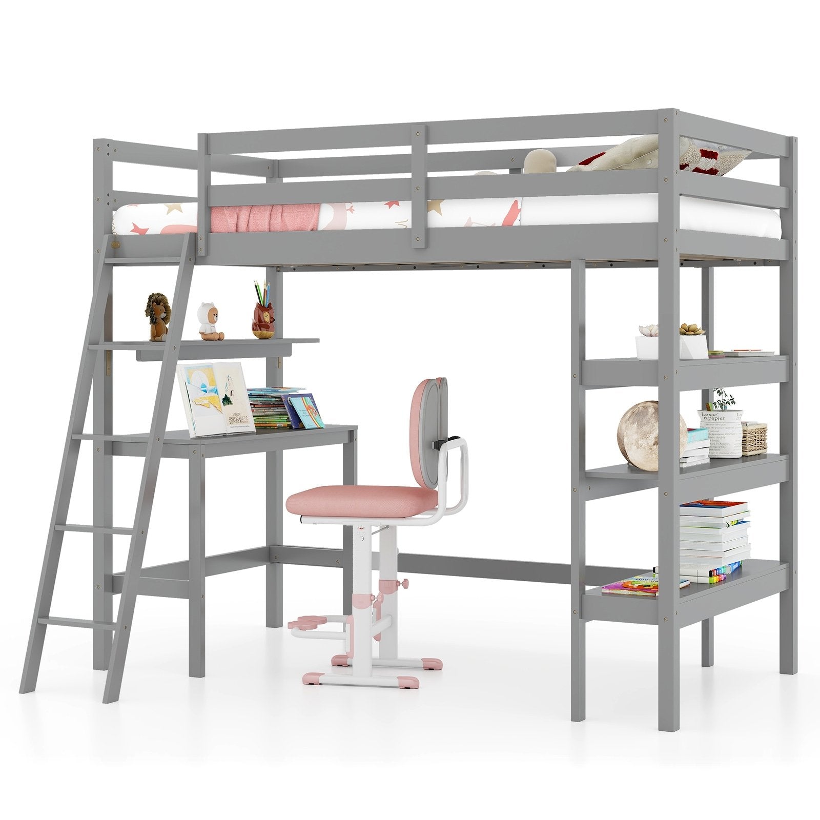 Twin Size Loft Bed with Desk and Bookshelves for Kids and Teens, Gray Bunk Bed Frame   at Gallery Canada