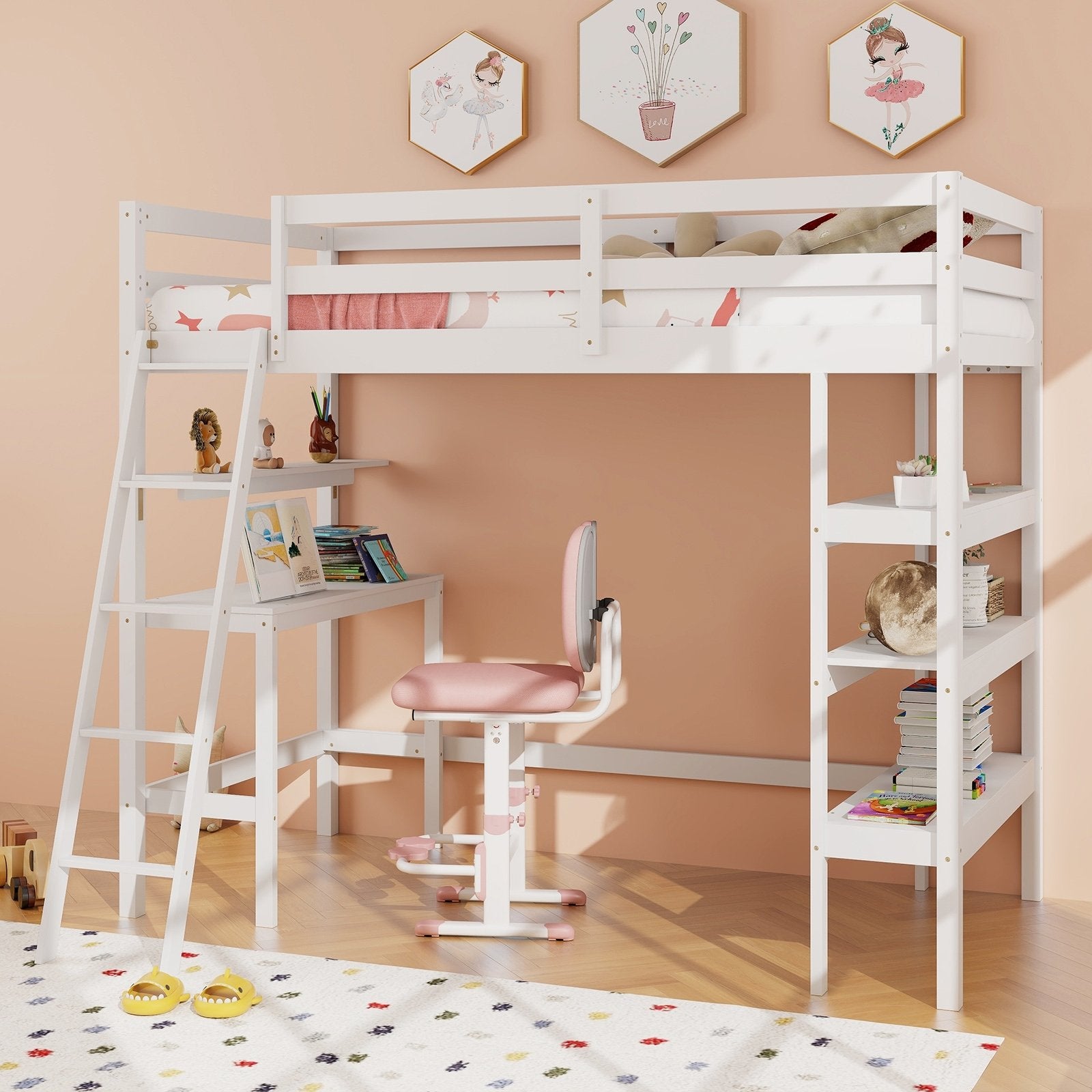 Twin Size Loft Bed with Desk and Bookshelves for Kids and Teens, White Bunk Bed Frame   at Gallery Canada