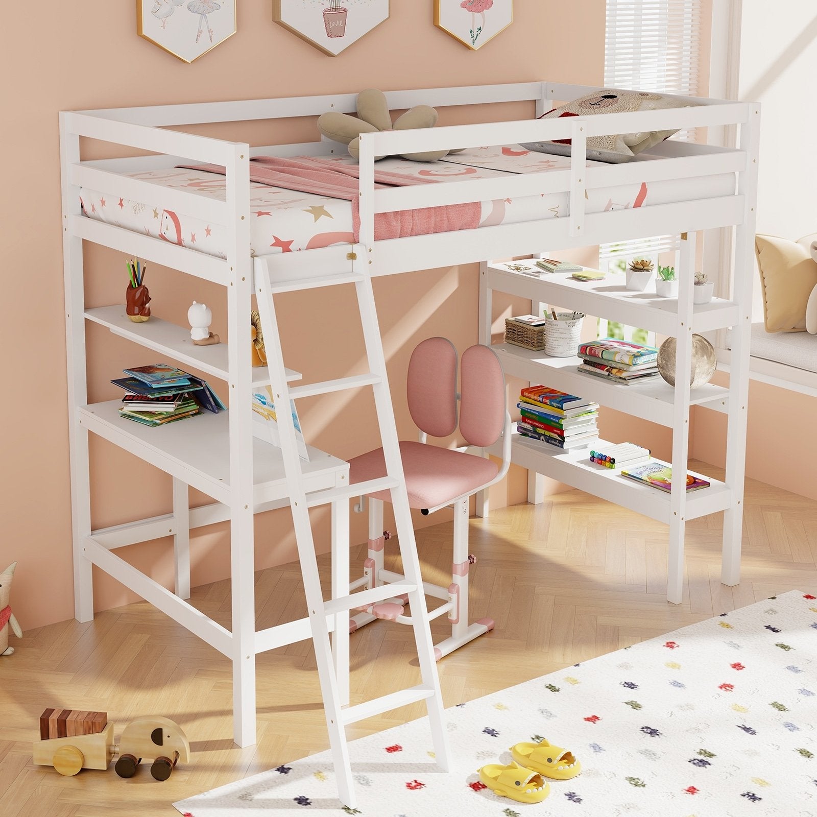 Twin Size Loft Bed with Desk and Bookshelves for Kids and Teens, White Bunk Bed Frame   at Gallery Canada