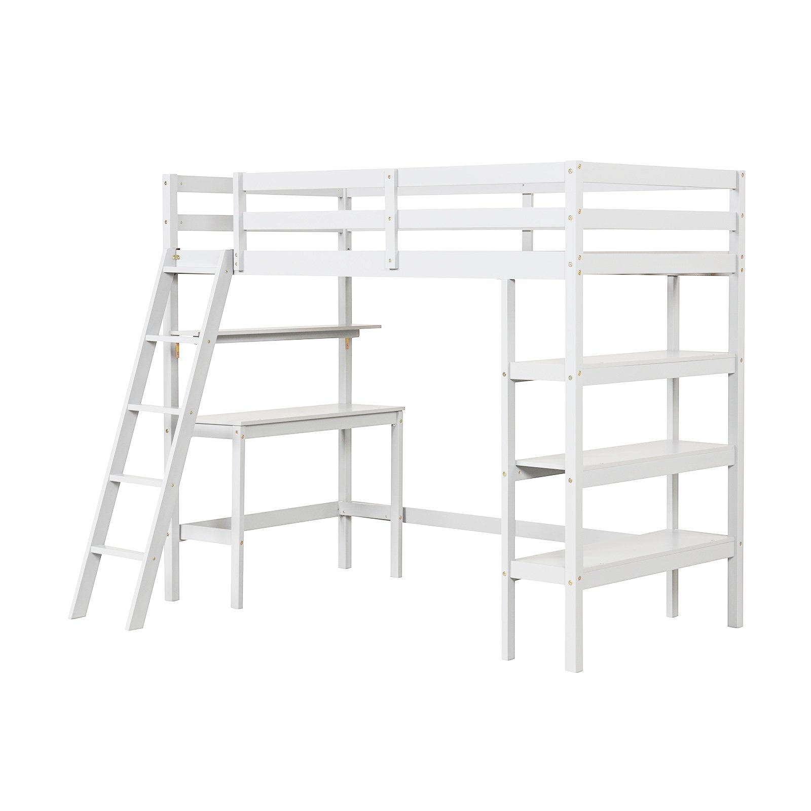 Twin Size Loft Bed with Desk and Bookshelves for Kids and Teens, White Bunk Bed Frame   at Gallery Canada