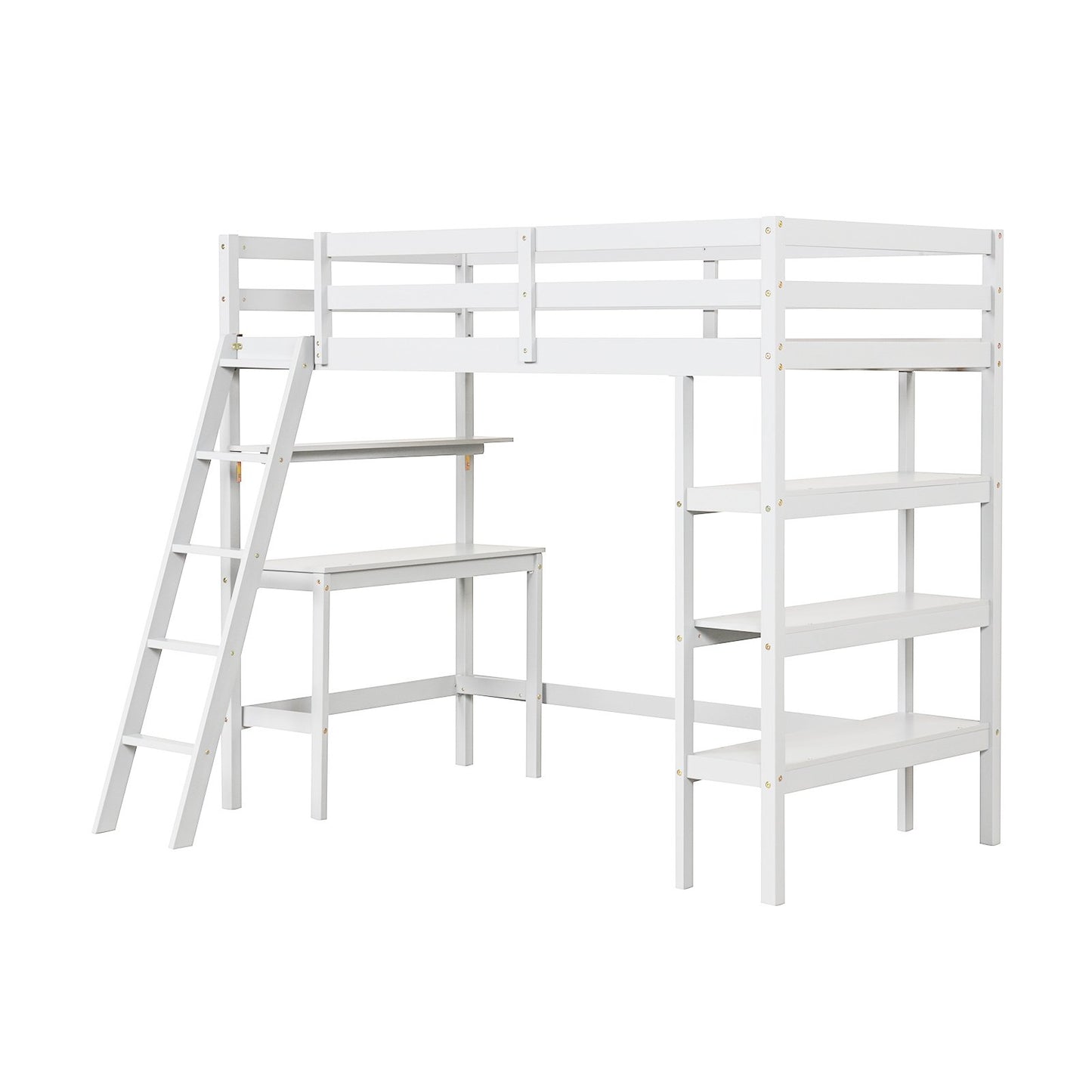 Twin Size Loft Bed with Desk and Bookshelves for Kids and Teens, White Bunk Bed Frame   at Gallery Canada