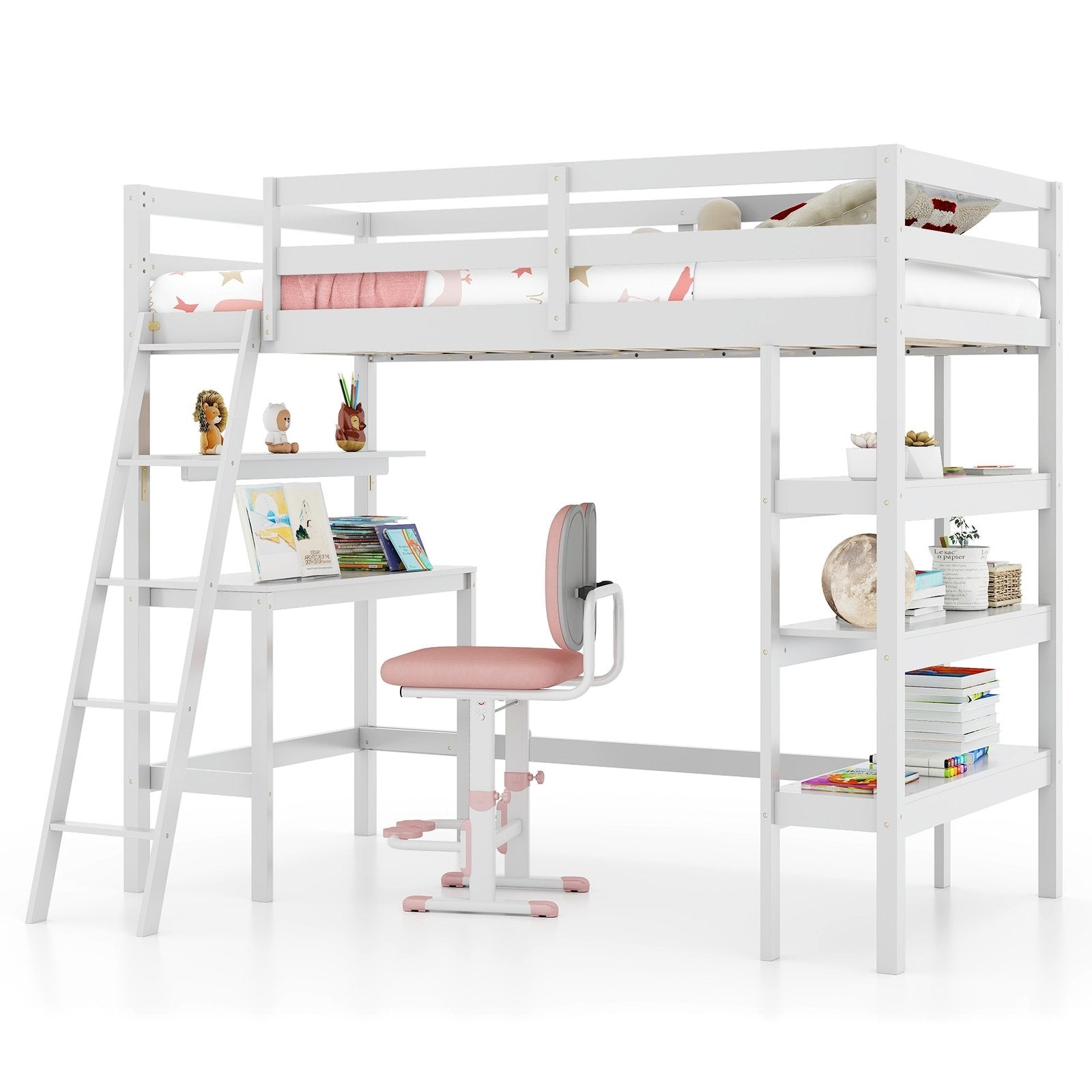 Twin Size Loft Bed with Desk and Bookshelves for Kids and Teens, White Bunk Bed Frame   at Gallery Canada