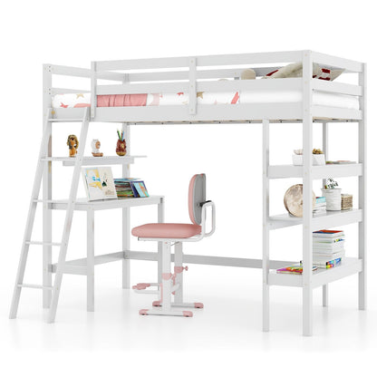 Twin Size Loft Bed with Desk and Bookshelves for Kids and Teens, White Bunk Bed Frame   at Gallery Canada