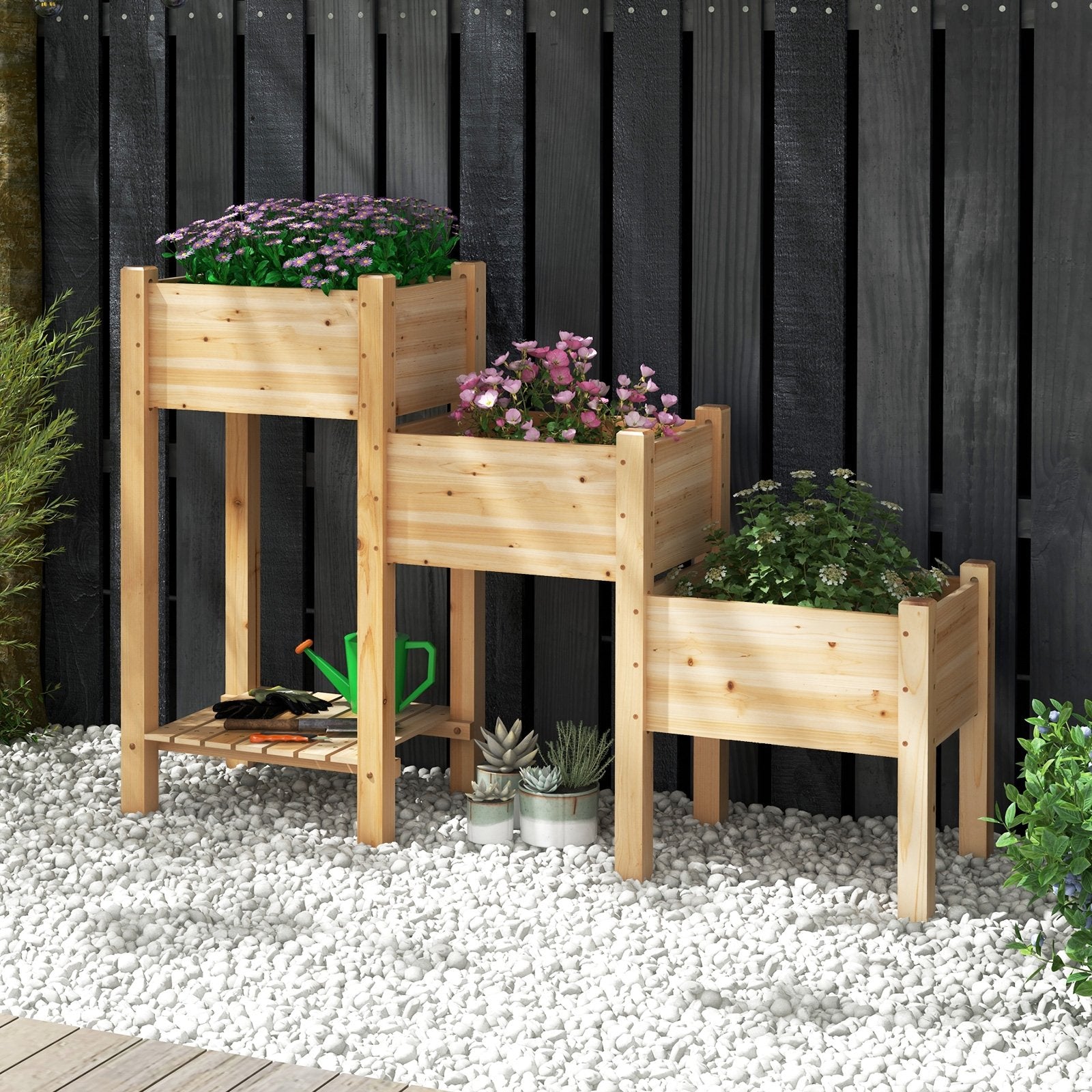 3-Tier Wooden Raised Garden Bed with Open Storage Shelf, Natural Raised Garden Beds   at Gallery Canada