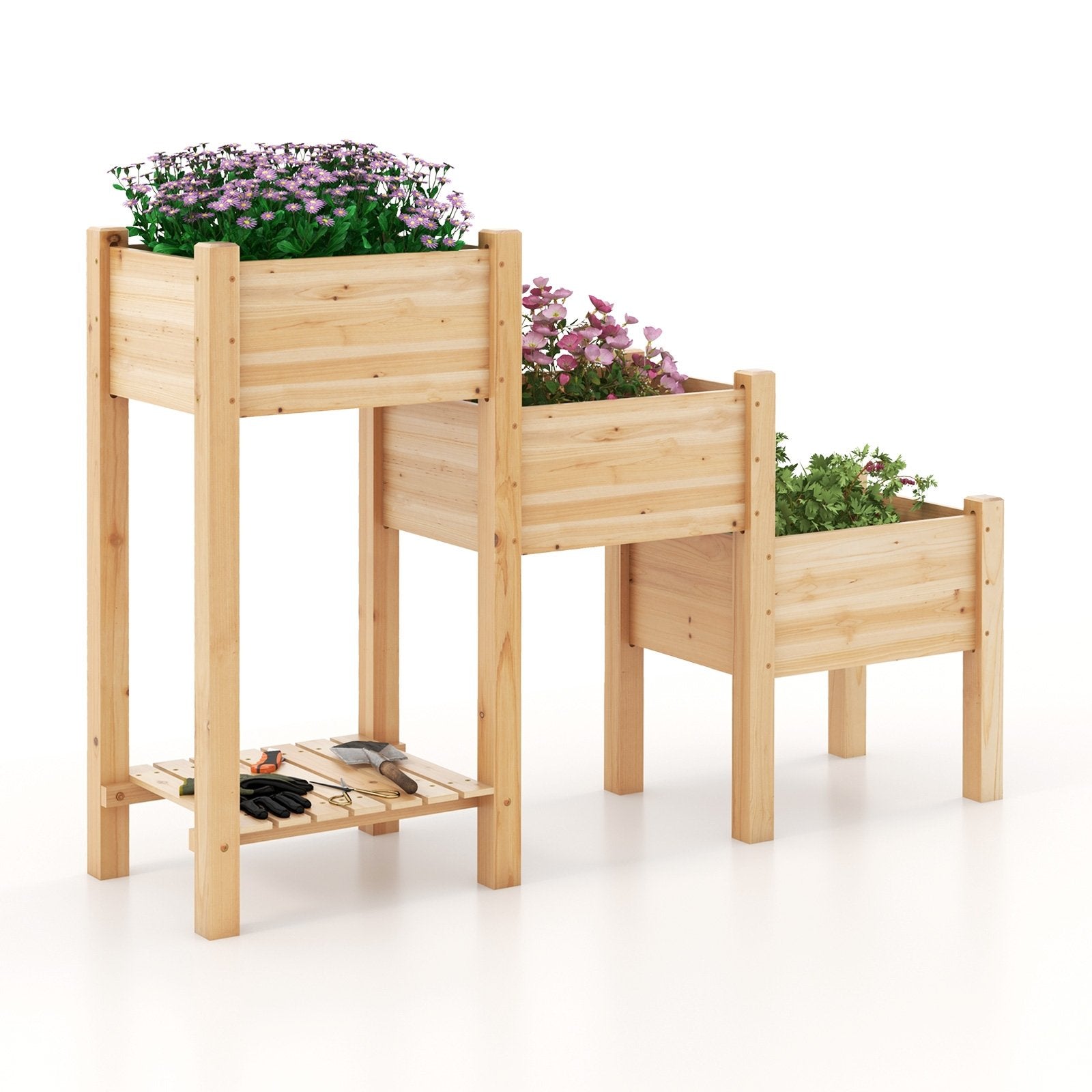 3-Tier Wooden Raised Garden Bed with Open Storage Shelf, Natural Raised Garden Beds   at Gallery Canada