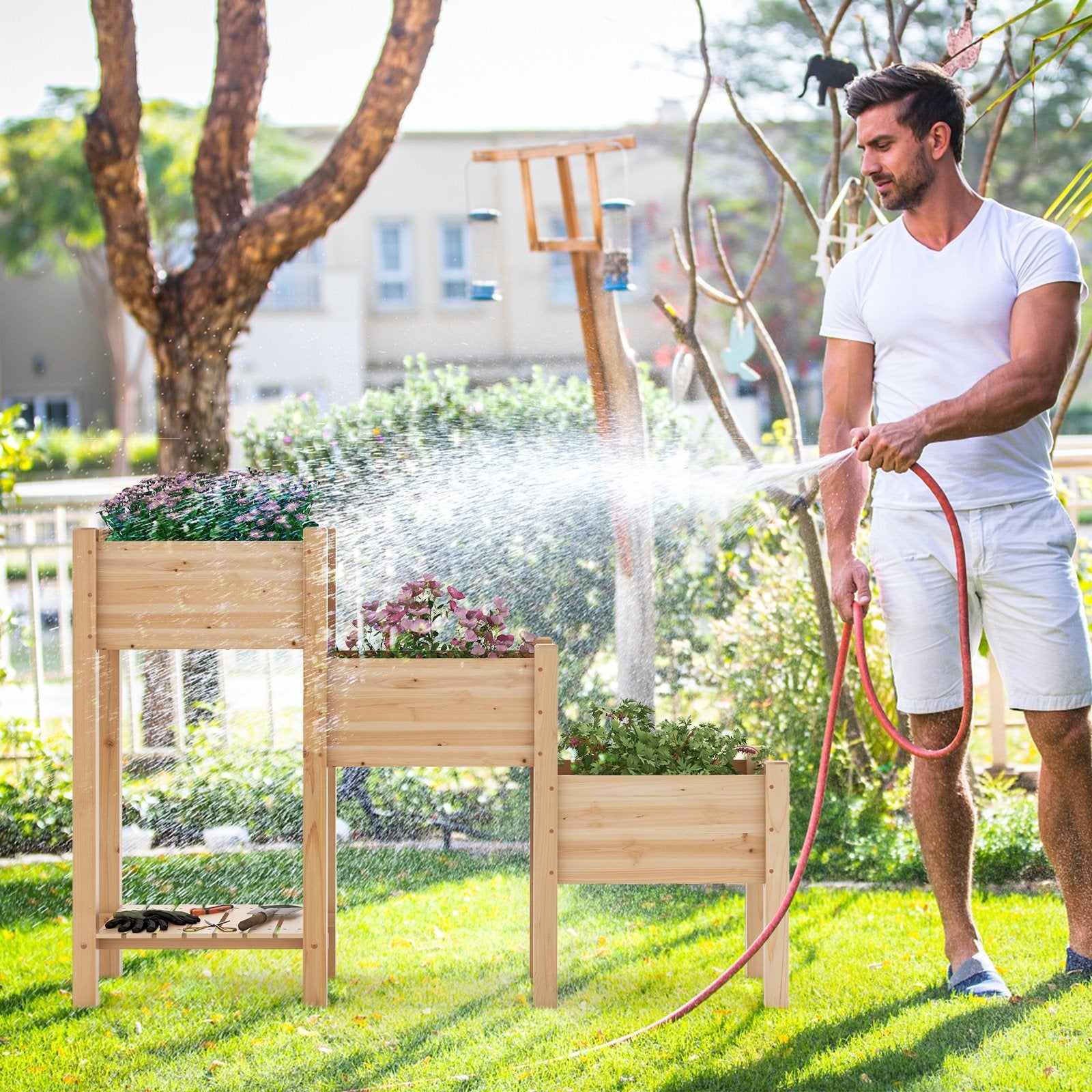 3-Tier Wooden Raised Garden Bed with Open Storage Shelf, Natural Raised Garden Beds   at Gallery Canada