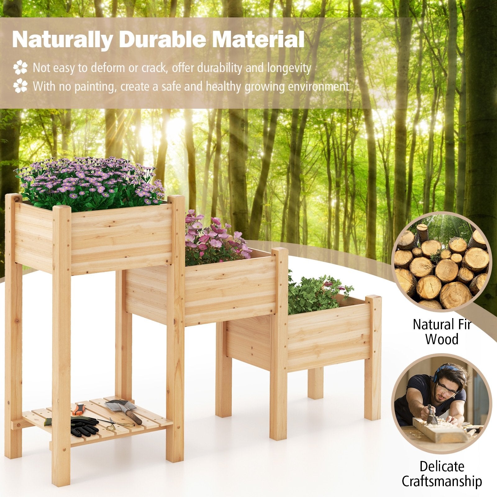 3-Tier Wooden Raised Garden Bed with Open Storage Shelf, Natural Raised Garden Beds   at Gallery Canada