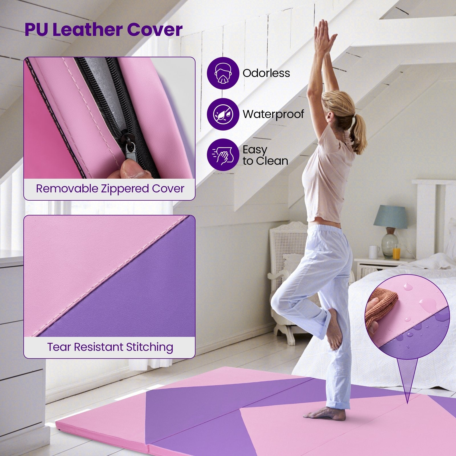 4-Panel PU Leather Folding Exercise Gym Mat with Hook and Loop Fasteners, Pink & Purple Yoga & Gym Mats   at Gallery Canada