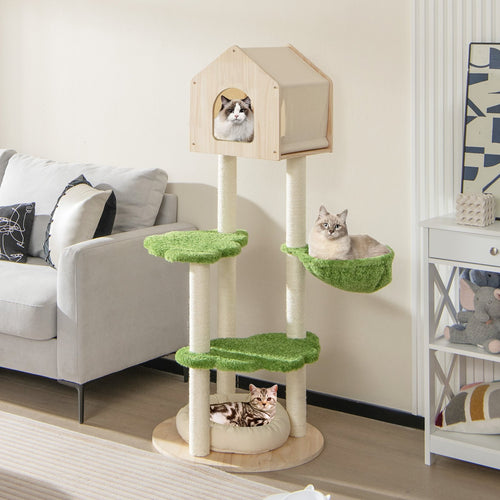 55 Inch Tall Cat Climbing Stand with Sisal Scratching Posts and Soft Cat Bed for Indoor Kittens, Green