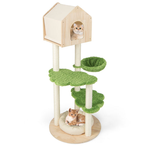 55 Inch Tall Cat Climbing Stand with Sisal Scratching Posts and Soft Cat Bed for Indoor Kittens, Green