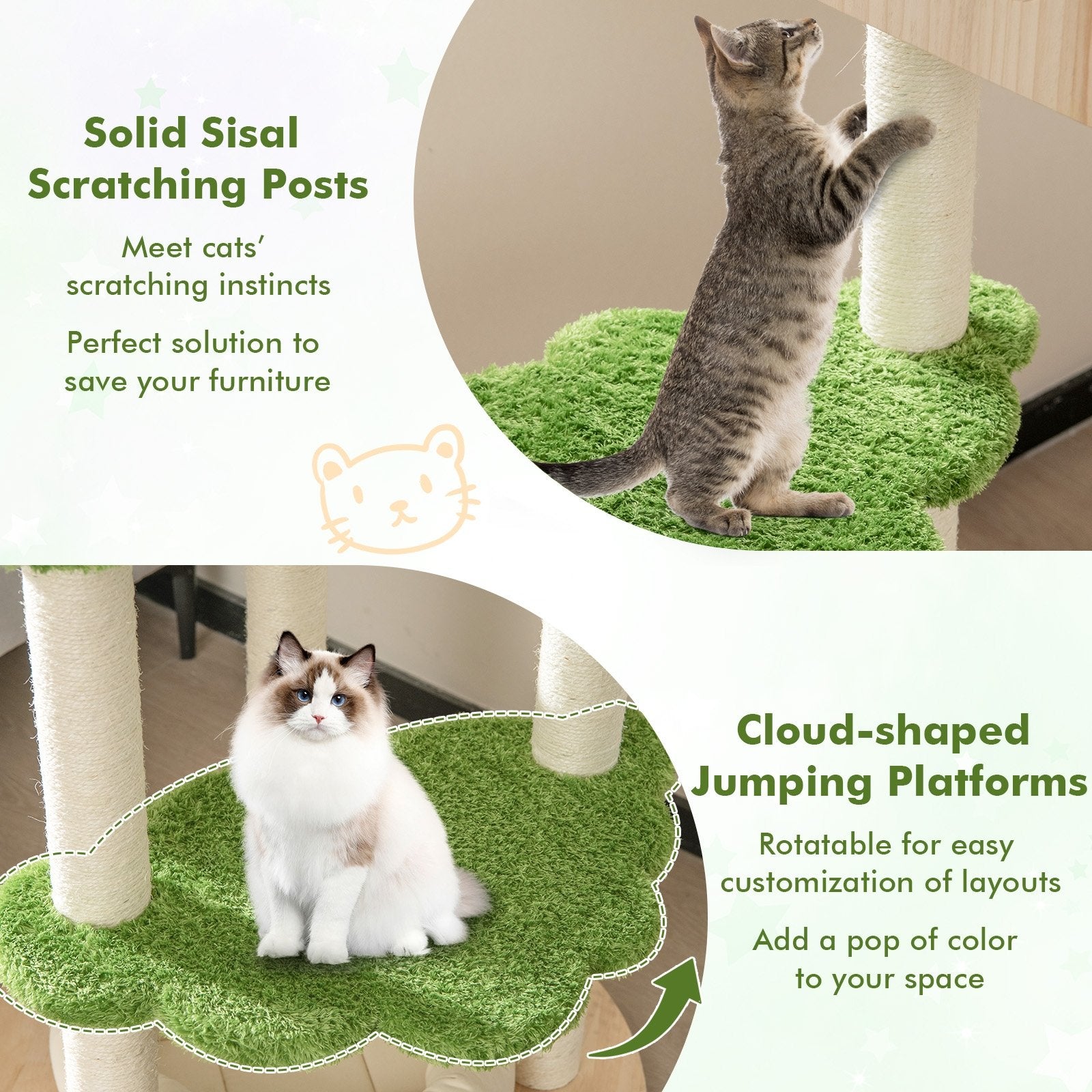 55 Inch Tall Cat Climbing Stand with Sisal Scratching Posts and Soft Cat Bed for Indoor Kittens, Green Cat Trees Condos & Scratchers   at Gallery Canada