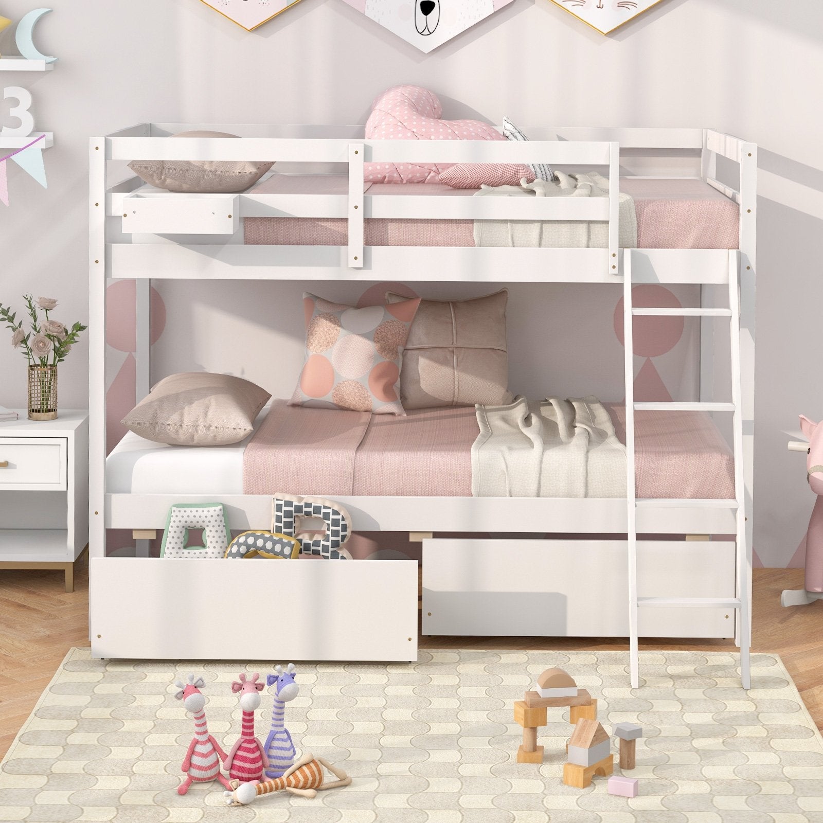 Twin Over Twin Bunk Bed Wood Bed Frame with 2 Storage Drawers and Ladder, White Bunk Bed Frame   at Gallery Canada