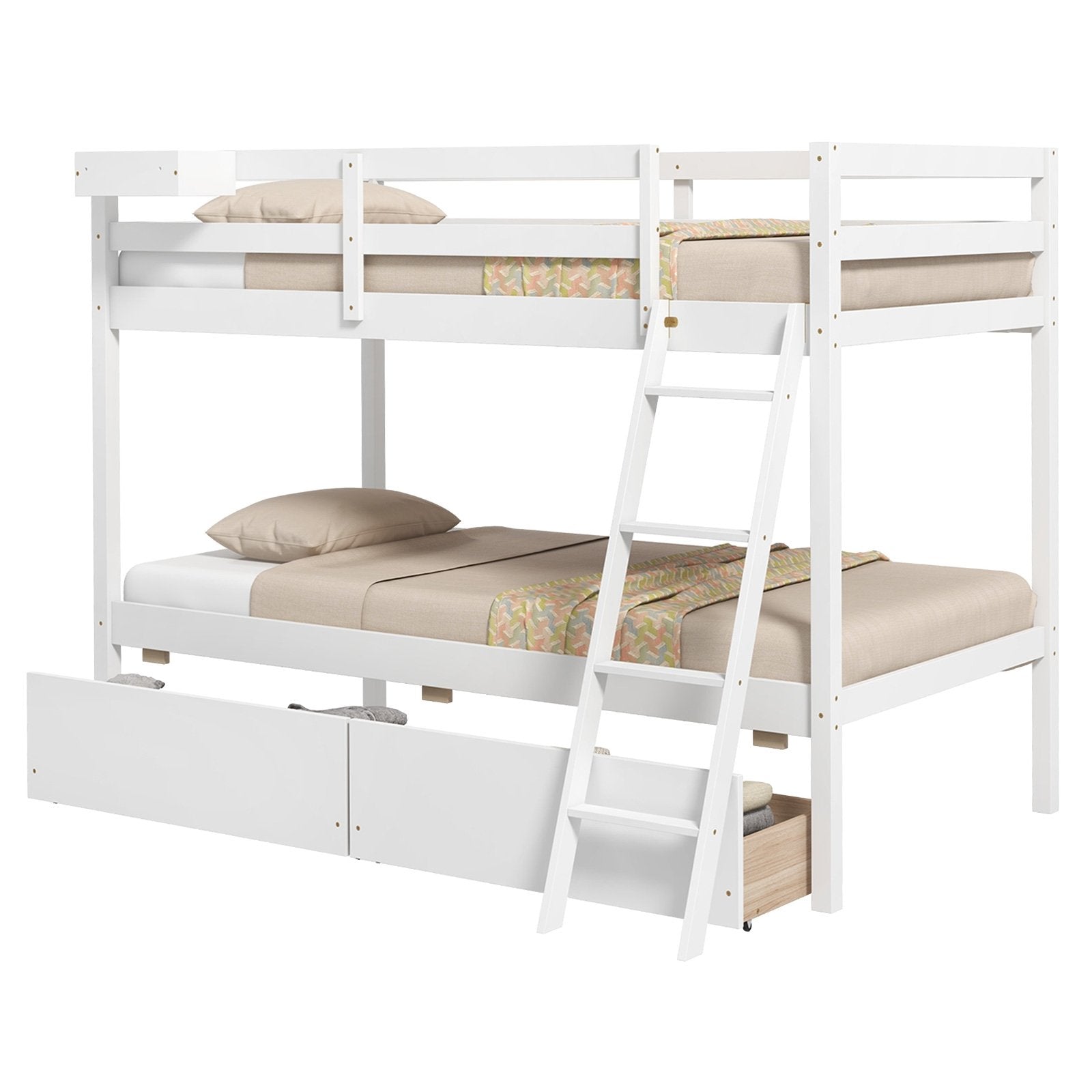 Twin Over Twin Bunk Bed Wood Bed Frame with 2 Storage Drawers and Ladder, White Bunk Bed Frame   at Gallery Canada