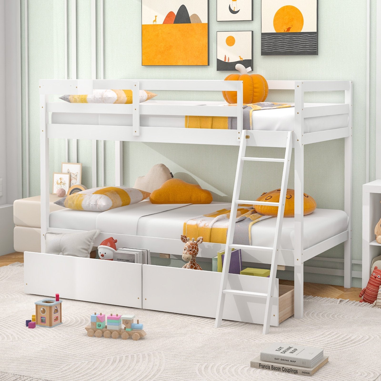 Twin Over Twin Bunk Bed Wood Bed Frame with 2 Storage Drawers and Ladder, White Bunk Bed Frame   at Gallery Canada