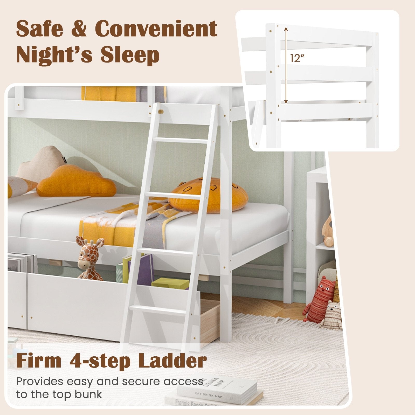 Twin Over Twin Bunk Bed Wood Bed Frame with 2 Storage Drawers and Ladder, White Bunk Bed Frame   at Gallery Canada