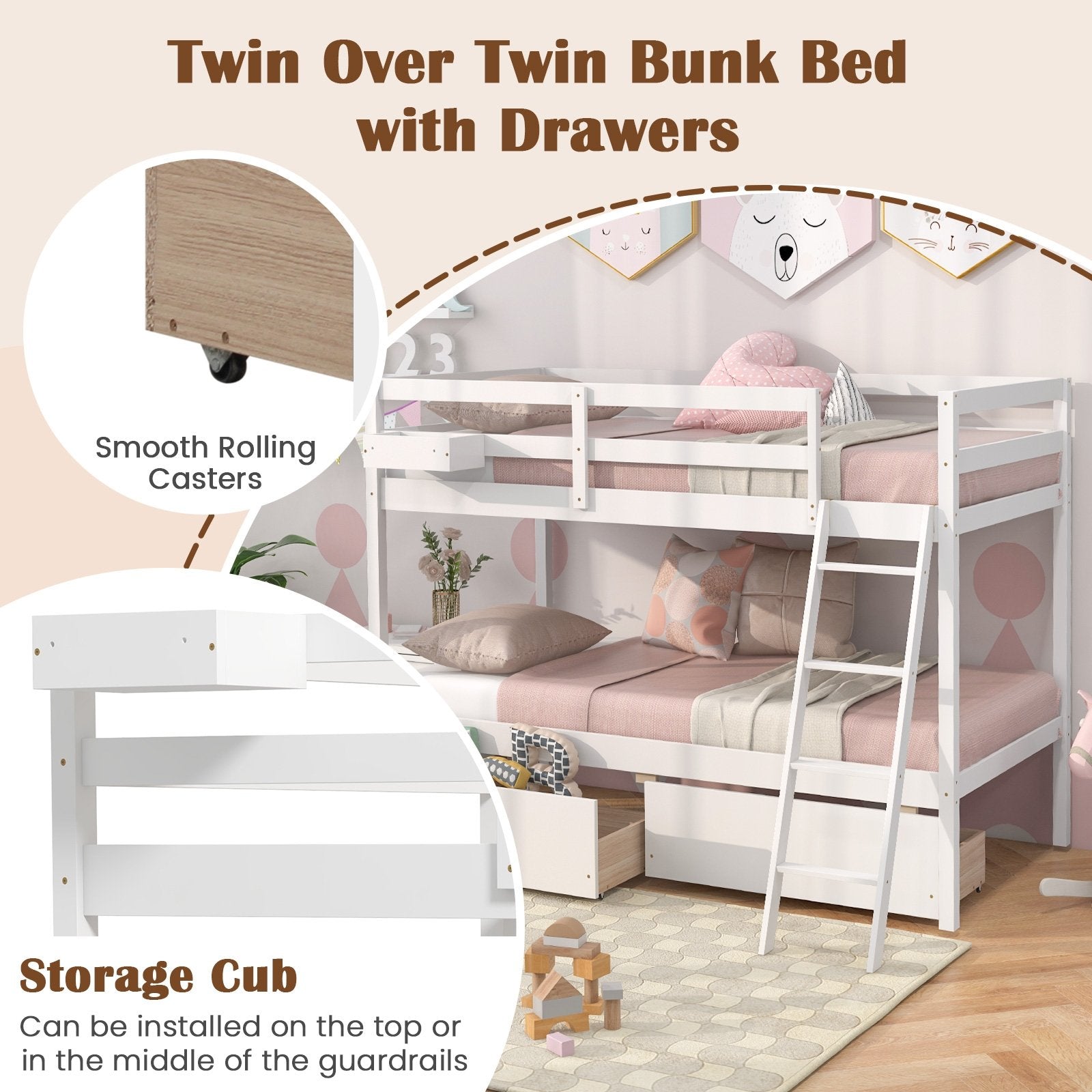 Twin Over Twin Bunk Bed Wood Bed Frame with 2 Storage Drawers and Ladder, White Bunk Bed Frame   at Gallery Canada