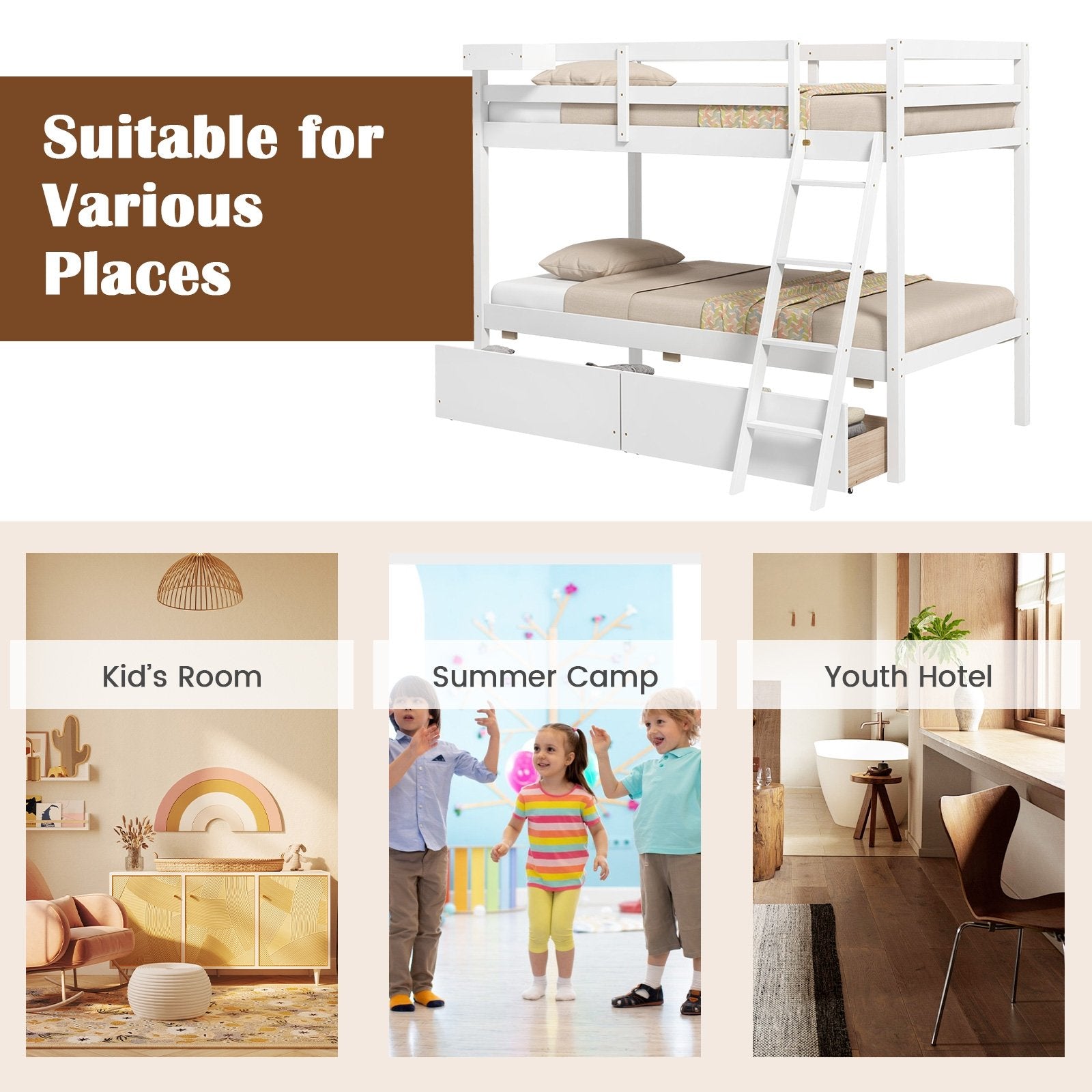 Twin Over Twin Bunk Bed Wood Bed Frame with 2 Storage Drawers and Ladder, White Bunk Bed Frame   at Gallery Canada