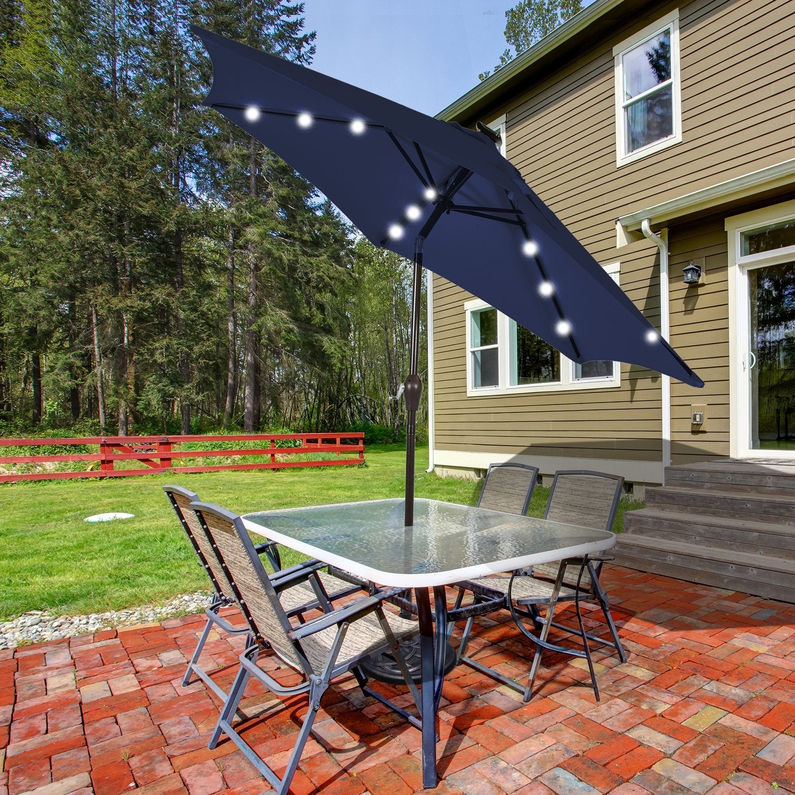 10 Feet Outdoor Patio umbrella with Bright Solar LED Lights, Dark Blue Outdoor Umbrellas   at Gallery Canada