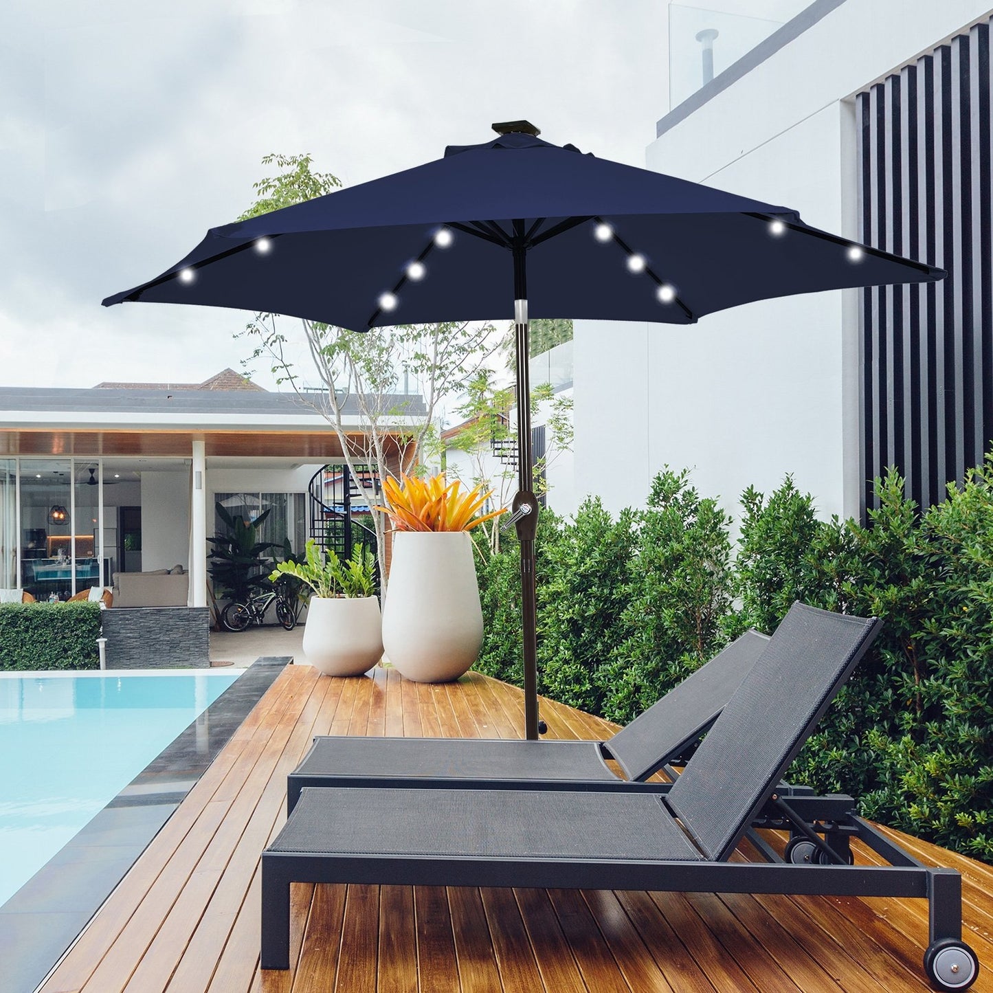 10 Feet Outdoor Patio umbrella with Bright Solar LED Lights, Dark Blue Outdoor Umbrellas   at Gallery Canada