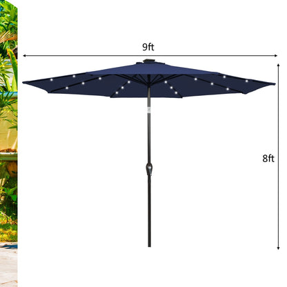 9 Feet Solar LED Lighted Patio Market Umbrella Tilt Adjustment Crank Lift, Dark Blue Outdoor Umbrellas   at Gallery Canada