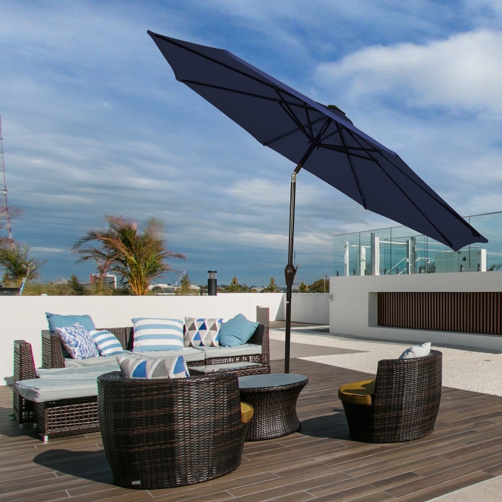 9 Feet Solar LED Lighted Patio Market Umbrella Tilt Adjustment Crank Lift, Dark Blue Outdoor Umbrellas   at Gallery Canada