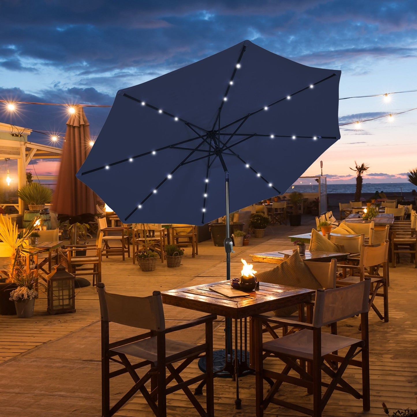 9 Feet Solar LED Lighted Patio Market Umbrella Tilt Adjustment Crank Lift, Dark Blue Outdoor Umbrellas   at Gallery Canada