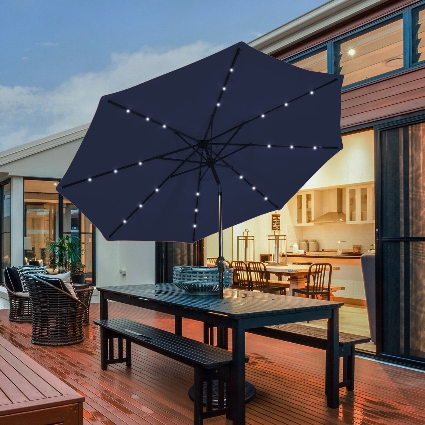 9 Feet Solar LED Lighted Patio Market Umbrella Tilt Adjustment Crank Lift, Dark Blue Outdoor Umbrellas   at Gallery Canada