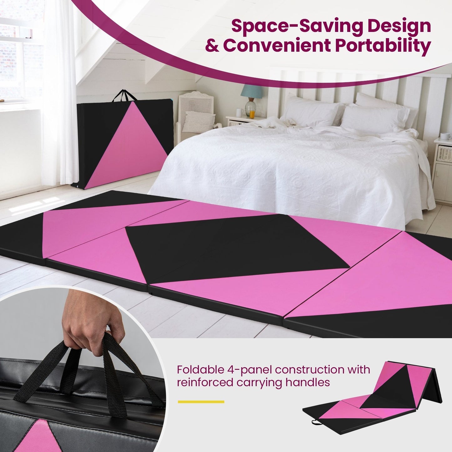 4-Panel PU Leather Folding Exercise Gym Mat with Hook and Loop Fasteners, Black & Pink Yoga & Gym Mats   at Gallery Canada