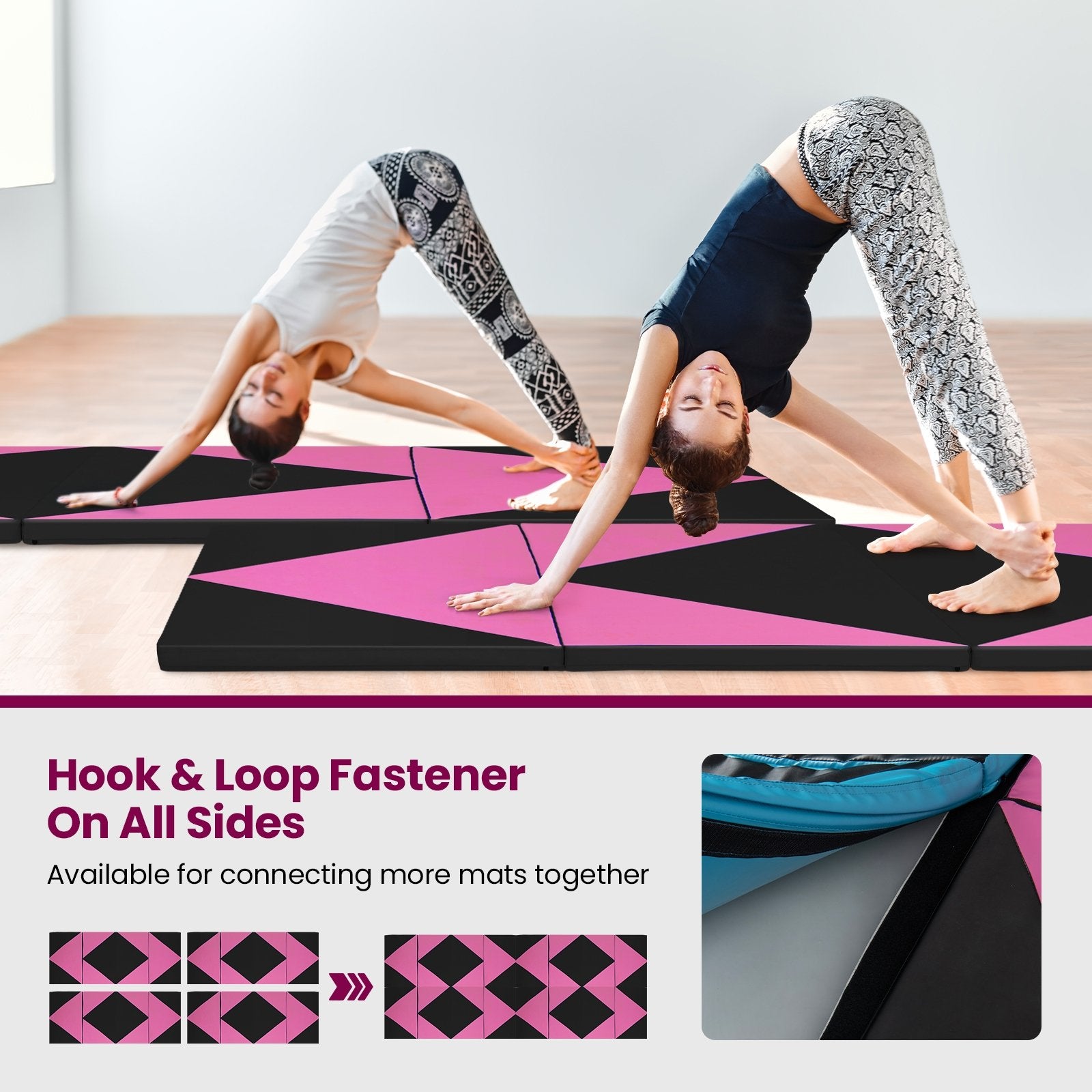 4-Panel PU Leather Folding Exercise Gym Mat with Hook and Loop Fasteners, Black & Pink Yoga & Gym Mats   at Gallery Canada