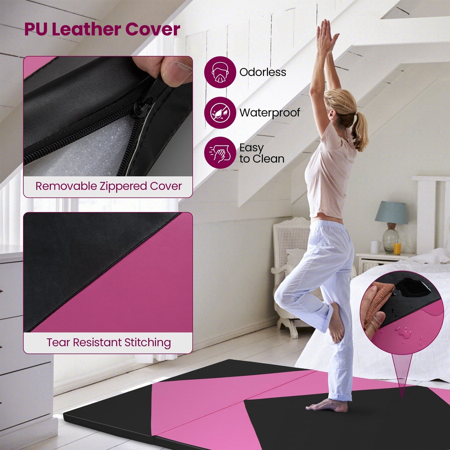 4-Panel PU Leather Folding Exercise Gym Mat with Hook and Loop Fasteners, Black & Pink Yoga & Gym Mats   at Gallery Canada