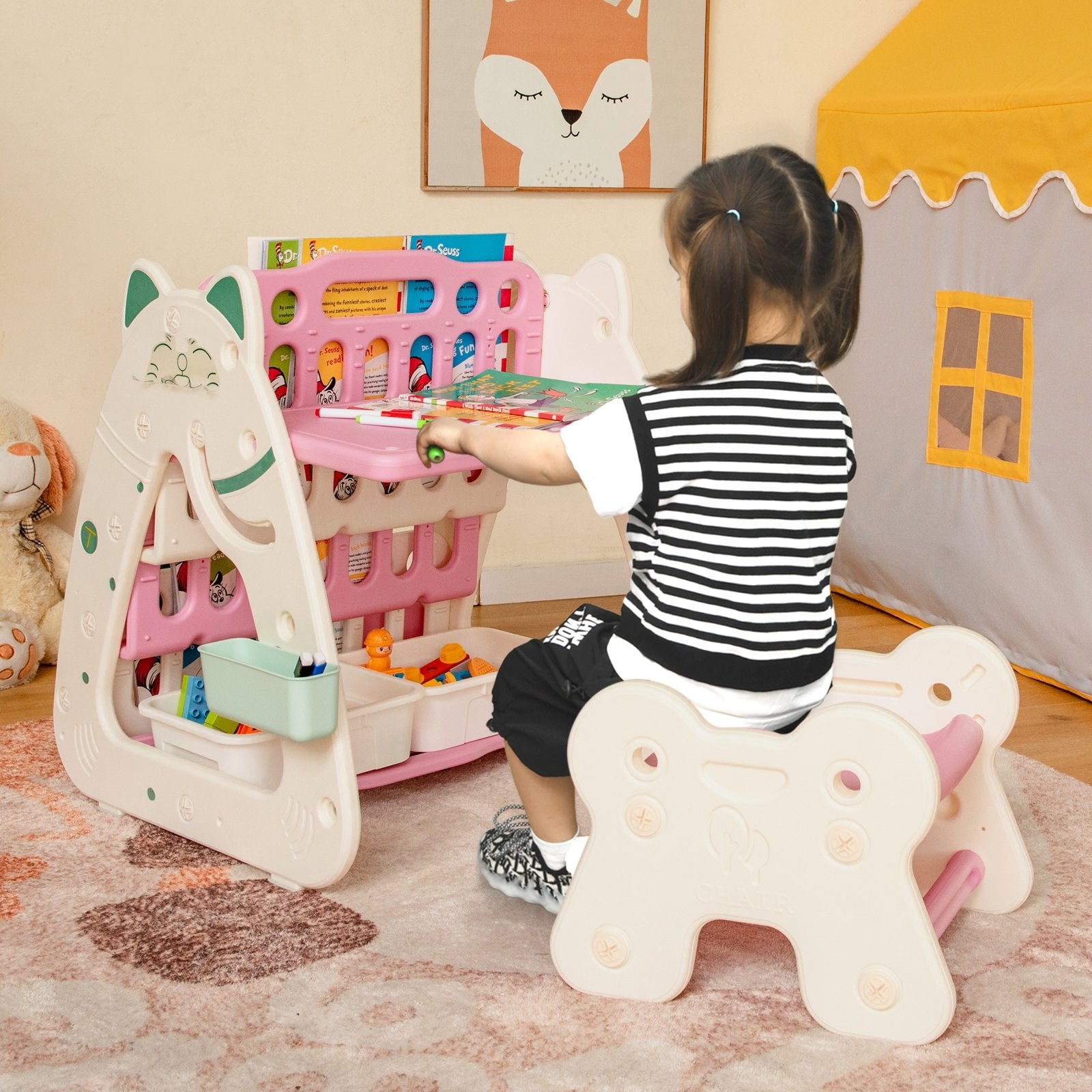 3-In-1 Double Sided Magnetic Dry-Erase Board with Stool and Flipped Writing Desktop, Pink Art Easels   at Gallery Canada