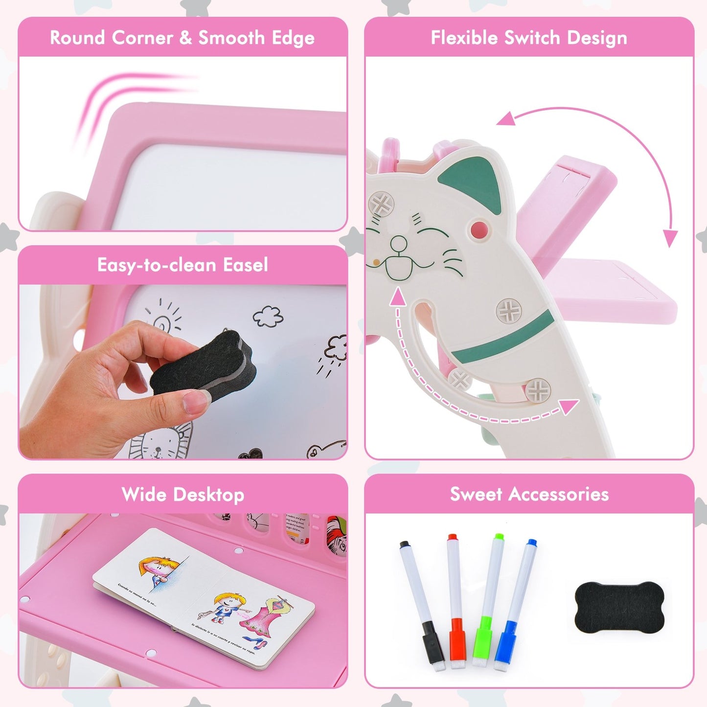 3-In-1 Double Sided Magnetic Dry-Erase Board with Stool and Flipped Writing Desktop, Pink Art Easels   at Gallery Canada