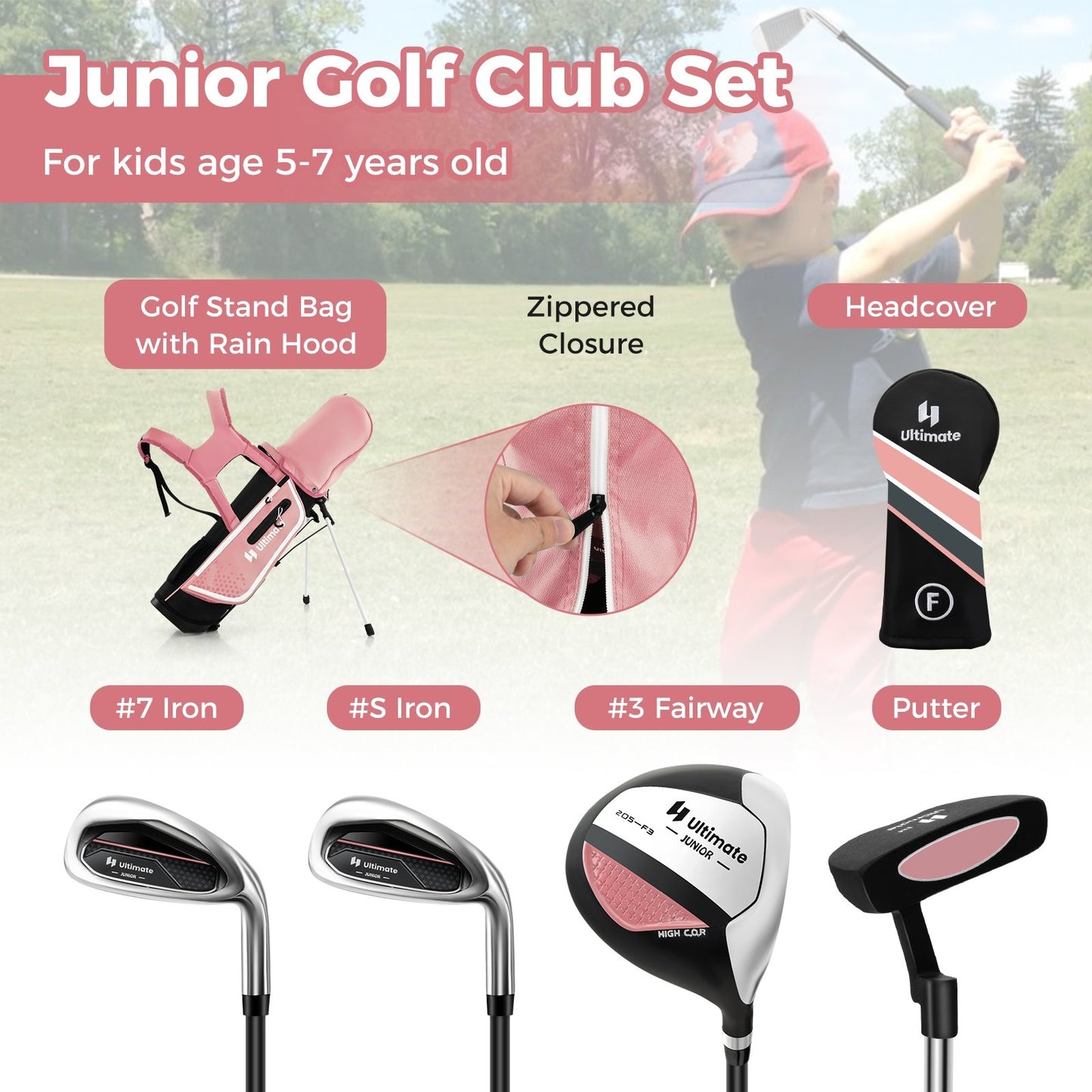 Junior Complete Golf Club Set Right Hand with Rain Hood for Kids, Pink Golf   at Gallery Canada