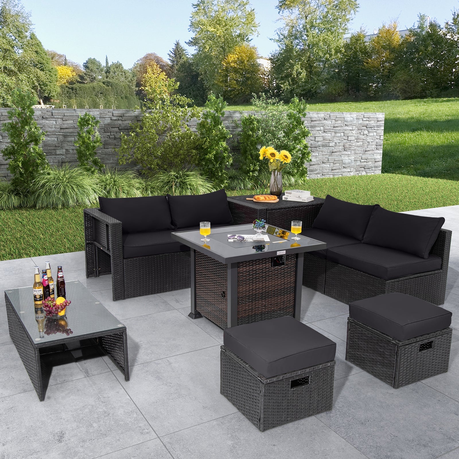 9 Pieces Patio Furniture Set with 32” Fire Pit Table and 50000 BTU Square Propane Fire Pit, Black Outdoor Seating & Patio Chairs at Gallery Canada