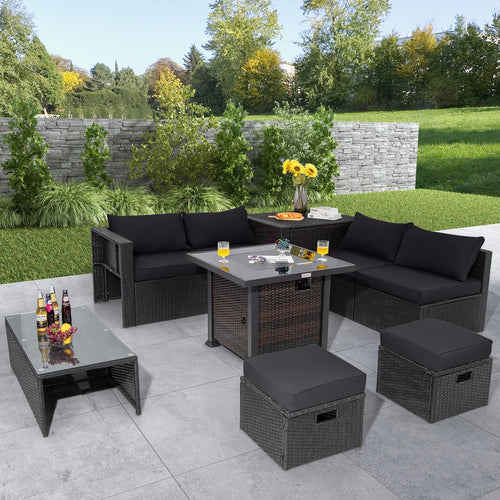 9 Pieces Patio Furniture Set with 32” Fire Pit Table and 50000 BTU Square Propane Fire Pit, Black