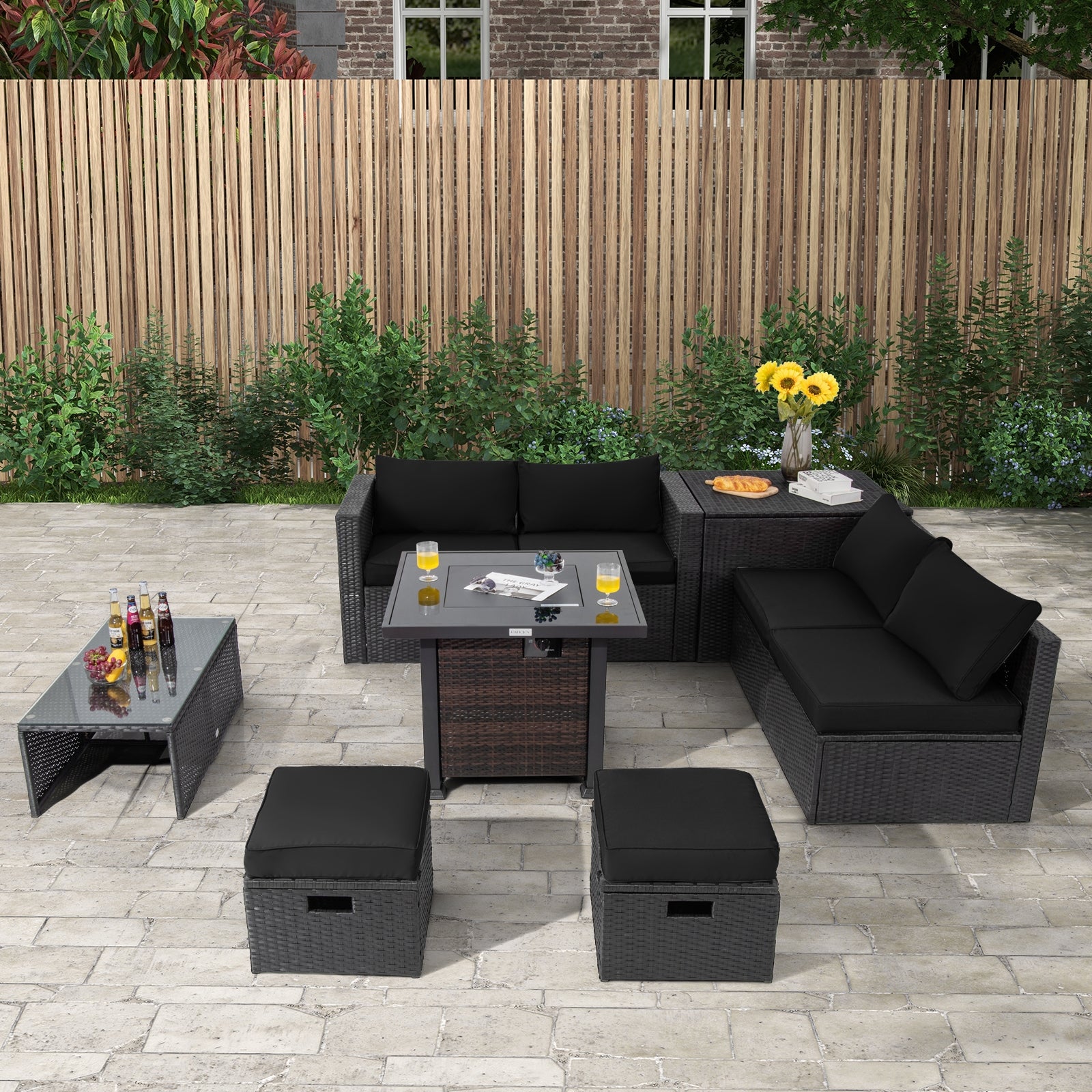 9 Pieces Patio Furniture Set with 32” Fire Pit Table and 50000 BTU Square Propane Fire Pit, Black Outdoor Seating & Patio Chairs at Gallery Canada