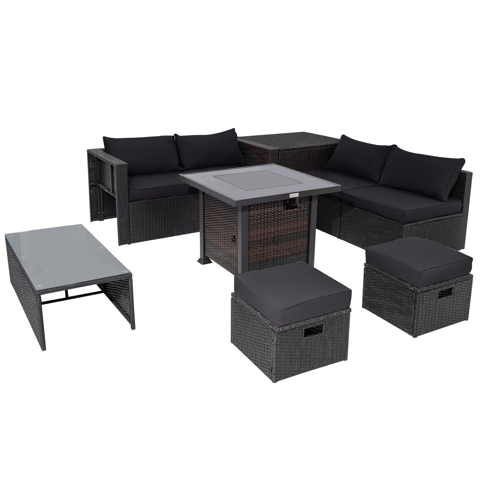 9 Pieces Patio Furniture Set with 32” Fire Pit Table and 50000 BTU Square Propane Fire Pit, Black Outdoor Seating & Patio Chairs   at Gallery Canada