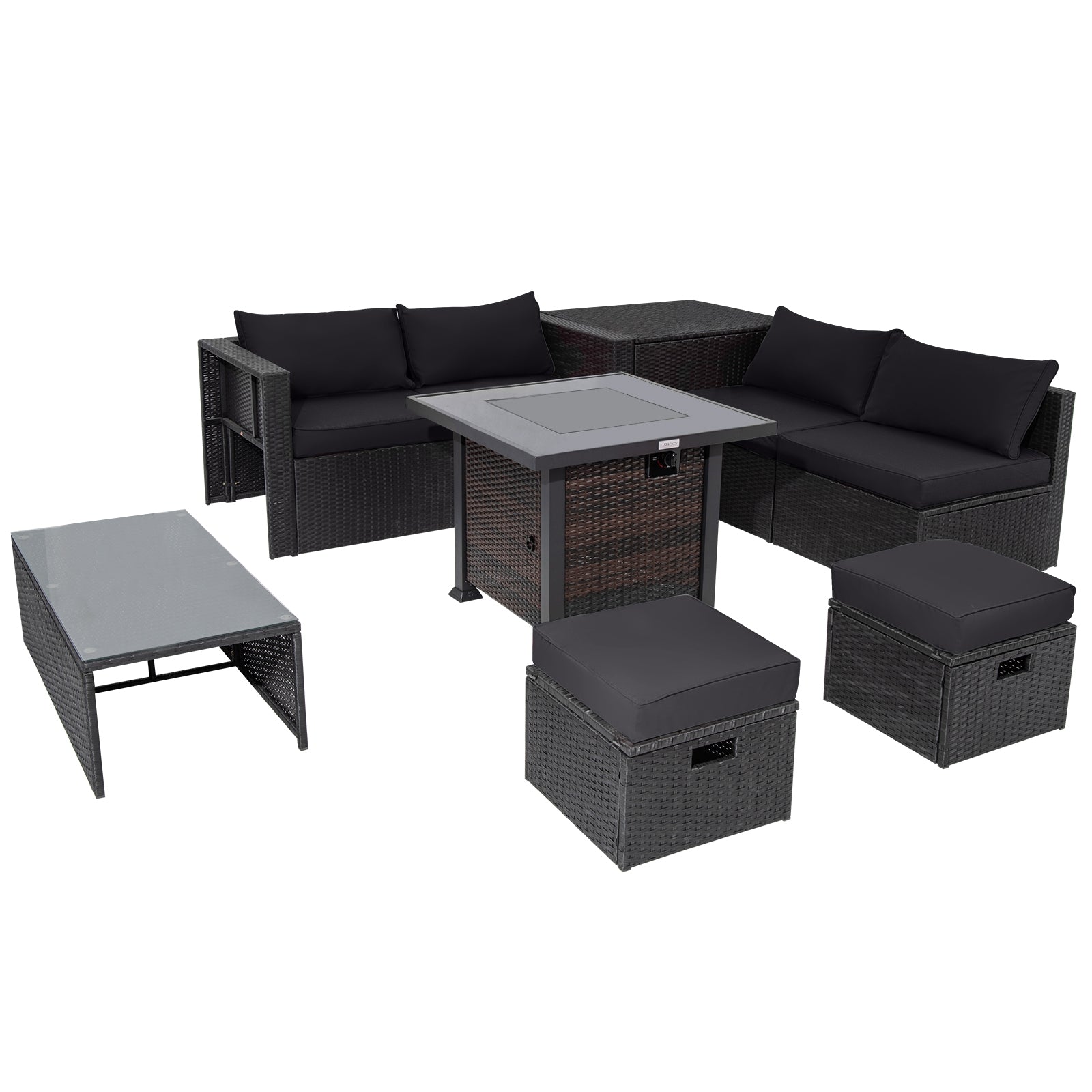 9 Pieces Patio Furniture Set with 32” Fire Pit Table and 50000 BTU Square Propane Fire Pit, Black Outdoor Seating & Patio Chairs at Gallery Canada